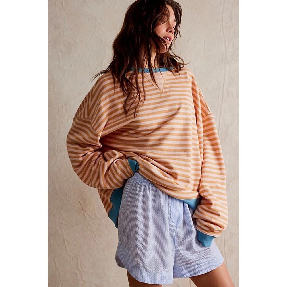 Free People Classic Striped Oversized Crewneck in Latte Combo Size Medium